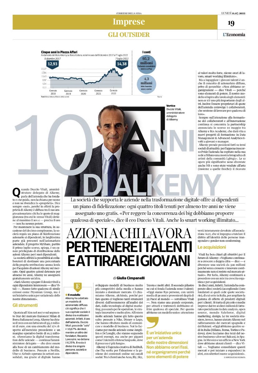 La storia di @alkemy che non ha un azionista di maggioranza ma è partecipata dai suoi dipendenti. Un’impresa che dimostra che in Italia e’ possibile fare impresa digitale. Oggi la mia intervista a @DuccioVitali su @L_Economia @Corriere