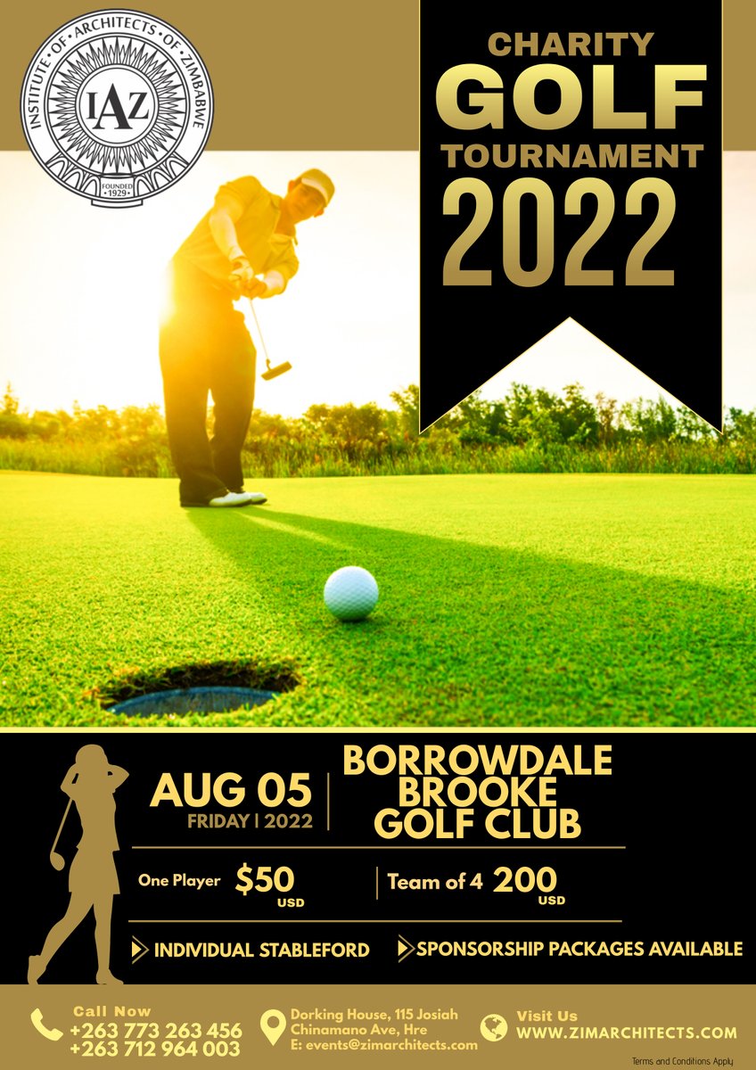 Institute of Architects of Zimbabwe (@iazimbabwe) on Twitter photo IAZ CHARITY GOLF TOURNAMENT
There will be over 30 teams playing in our golf competition this year, the perfect opportunity to advertise your business & donate towards this good cause.
If you wld like to sponsor a hole please get In touch with Takunda on events@zimarchitects.com IAZ CHARITY GOLF TOURNAMENT
There will be over 30 teams playing in our golf competition this year, the perfect opportunity to advertise your business & donate towards this good cause.
If you wld like to sponsor a hole please get In touch with Takunda on events@zimarchitects.com