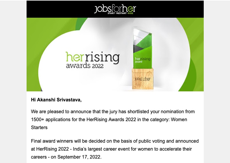Hello hello! 👋
Happy to share that I am shortlisted for #HerRising awards in the category 'Women Starters'. Thanks to @jobsforher for this nomination. 
The voting link is finally open and I would like to request your #support and #love Thank you. 🫰

docs.google.com/forms/d/e/1FAI…