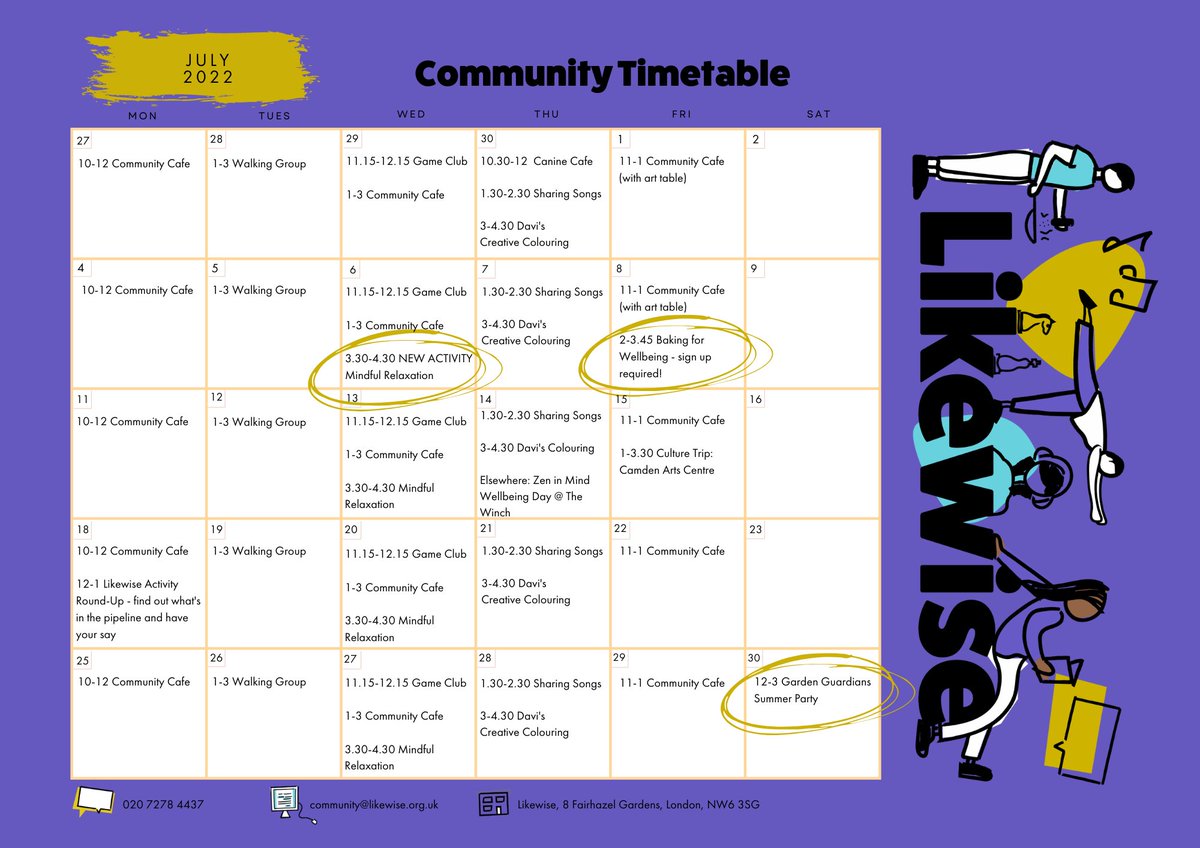 Check out our timetable for July!

We have a new activity this month:
Mindful Relaxation on Wednesdays

At the end of the month we'll be celebrating our community with a Summer Garden Party