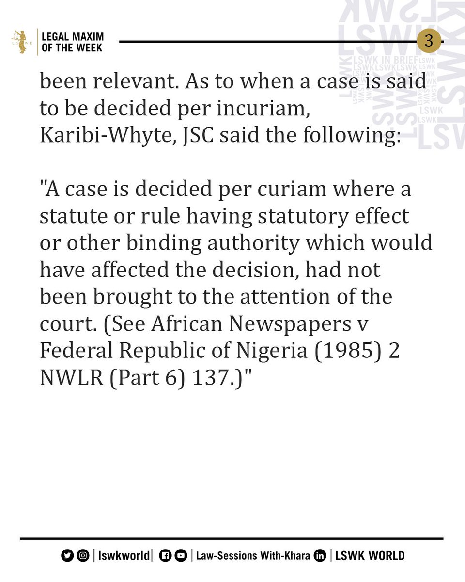 lswkworld's tweet photo. ••• #LSWKLegalMaxim: Per curiam
•
This is Latin for "by the court."
•
•••••
#LSWK #Legal #Maxims #Latin #LegalMaxim #LatinMaxim #CommonLaw #Equity #CaseLaw #Law #Khara #HTHEXIII https://t.co/HQrTEfGhBG