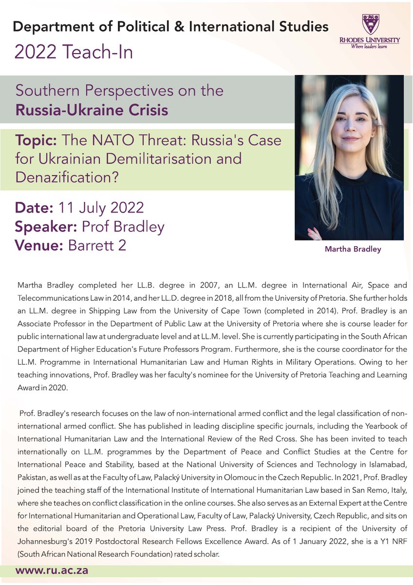 PolDeptRhodes's tweet image. Today at 1pm we kick off our Teach-In with Prof Bradley on 'Russia's Case for Ukrainian Demilitarisation and Denazification'