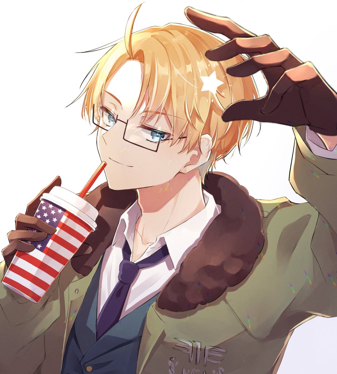 america (hetalia) 1boy male focus blonde hair blue eyes glasses necktie gloves  illustration images