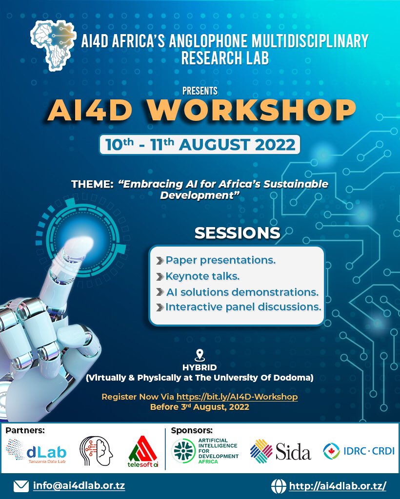 ai4dlab_Tz's tweet photo. Save the date for our official first #AI4DWorkshop2022. We will have speakers and participants attending from across the globe.

Register here https://t.co/kjbbw3FU83

#ai4good #sustainableai #ai4africa https://t.co/6FussRfZIZ