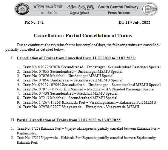 Due to continuous rain, SCR cancells several trains originating or going via #Secunderabad #TelanganaRain