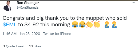 Godfrey04Dusty's tweet image. You can delete the tweets @RonShamgar but you can't delete the screen shots fintwit compiled over the past 2 yrs $EML #WeOwn