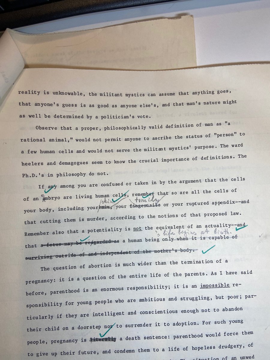 This is embarrassing. Some tweets have charged me with changing Ayn Rand's words in "The Age of Mediocrity" to make her say the right to abortion extends to birth. It's embarrassing--but not to me. Here's the typed ms with the change in her own handwriting (as I had said):