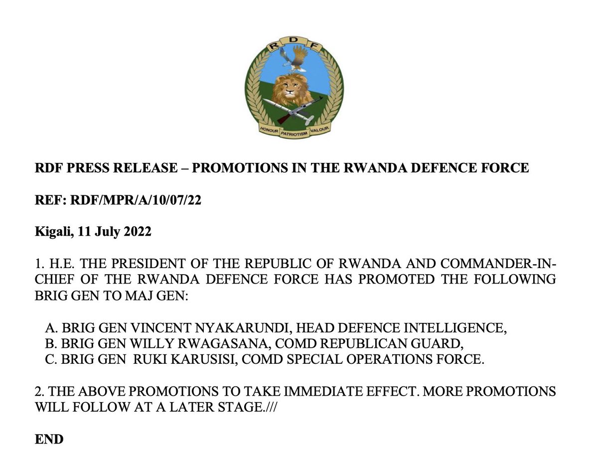 RwandaMoD's tweet photo. RDF PRESS RELEASE – PROMOTIONS IN THE RWANDA DEFENCE FORCE https://t.co/88Z7YL3wZW https://t.co/1dbq72EtqR