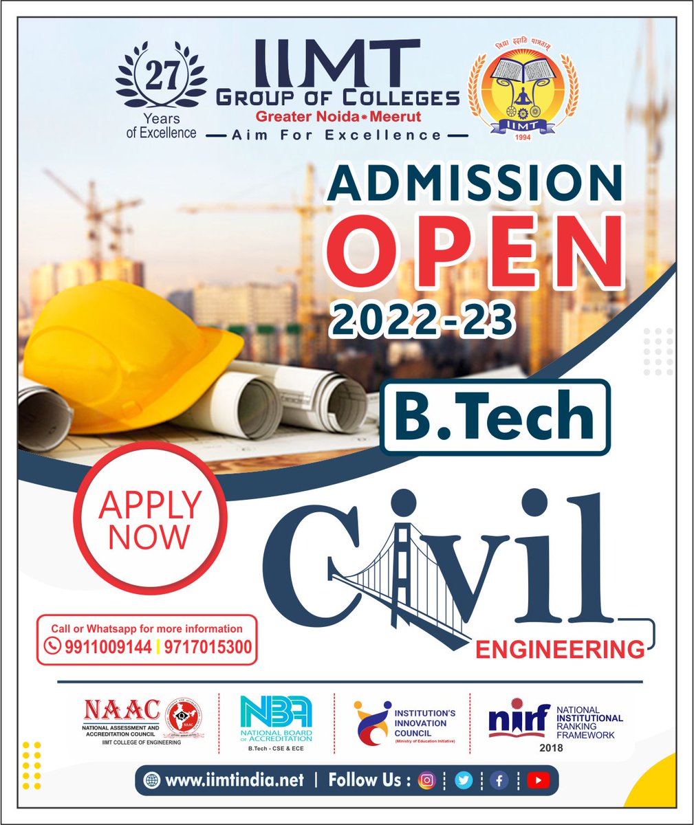 iimtnoida's tweet image. Build a Great Career!!
B. Tech Civil Engineering 
ADMISSIONS OPEN:  2022-23 
iimtindia.net
Call: 9520886860 
#AdmissionOpen2022  #BTechCivilEngineering
#AKTUadmissiongreaterNoida #civilengineeringlife 
#Btechadmission2022 #civilengineeringworld  
#topEngineeringCollege