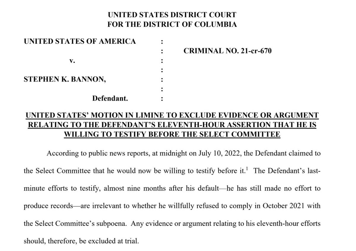 BREAKING: THREAD: late night DoJ 🔥🔥🔥SCORCHER🔥🔥🔥 just filed in the Bannon case. The filing is a motion to prevent Bannon from submitting his new “cooperation” offer to the committee as evidence in his contempt trial. FIRST: DoJ says too little too late. 1/