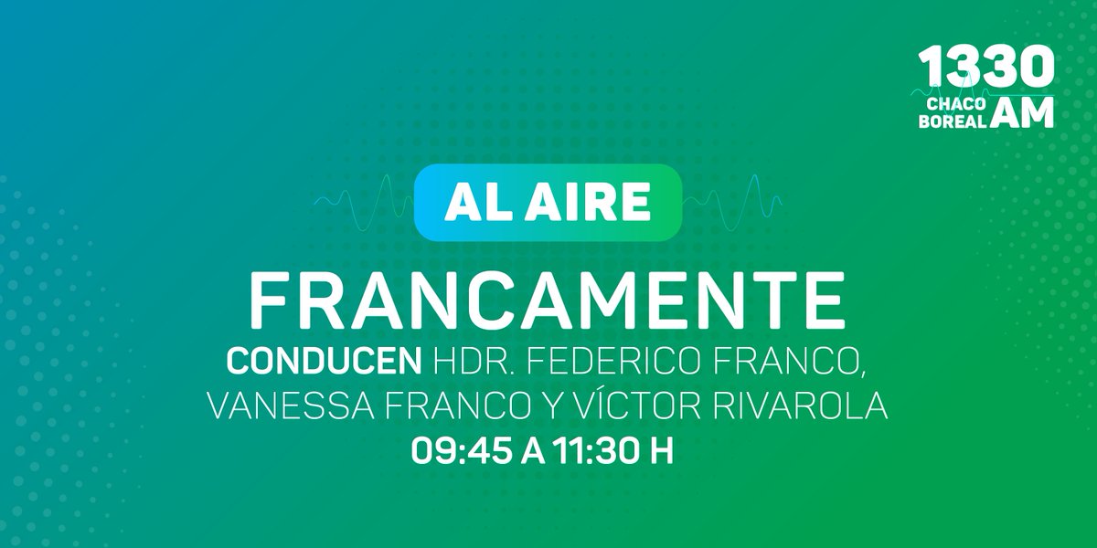 1330am's tweet photo. Inicia #Francamente por la #1330AM 🎙️
@franco_dialogo, @clavafa y @vicrivarola2 te acompañan hasta las 11:30 h con noticias de #Paraguay y el 🌎
Escuchalos el #1330 del dial o también online 📻📶
https://t.co/2JtGrZtAJN
#RadioAM #RadiosPy #Noticias #Información #Paraguay https://t.co/fRlfKVcpkl