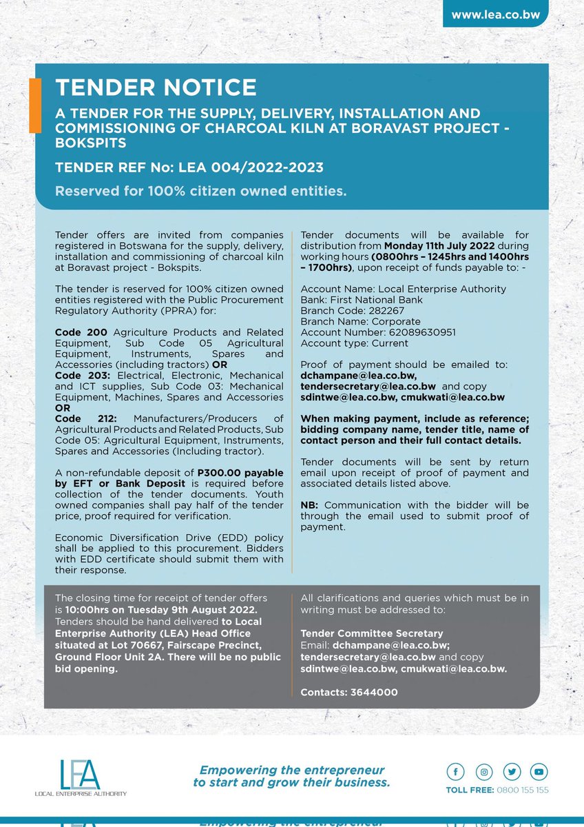 A TENDER FOR THE SUPPLY, DELIVERY, INSTALLATION AND COMMISSIONING OF CHARCOAL KILN AT BORAVAST PROJECT - BOKSPIT