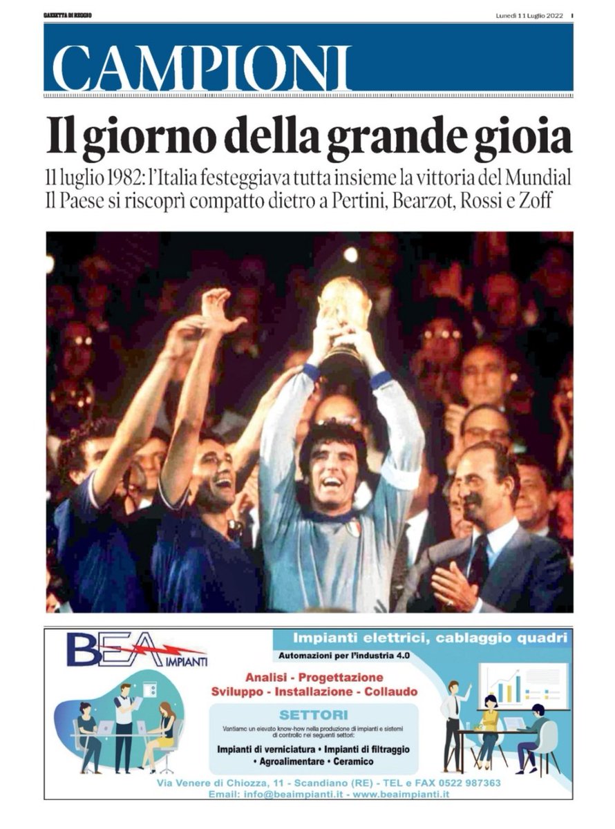 Ecco la nostra #primapagina di oggi.

Sulla #gazzettadiReggio oggi trovate un inserto speciale di 16 pagine che celebra i 40 anni dalla storica vittoria degli #azzurri al #Mundial del 1982

Ci trovate in #edicola e in versione digitale sul nostro sito 

gazzettadireggio.it