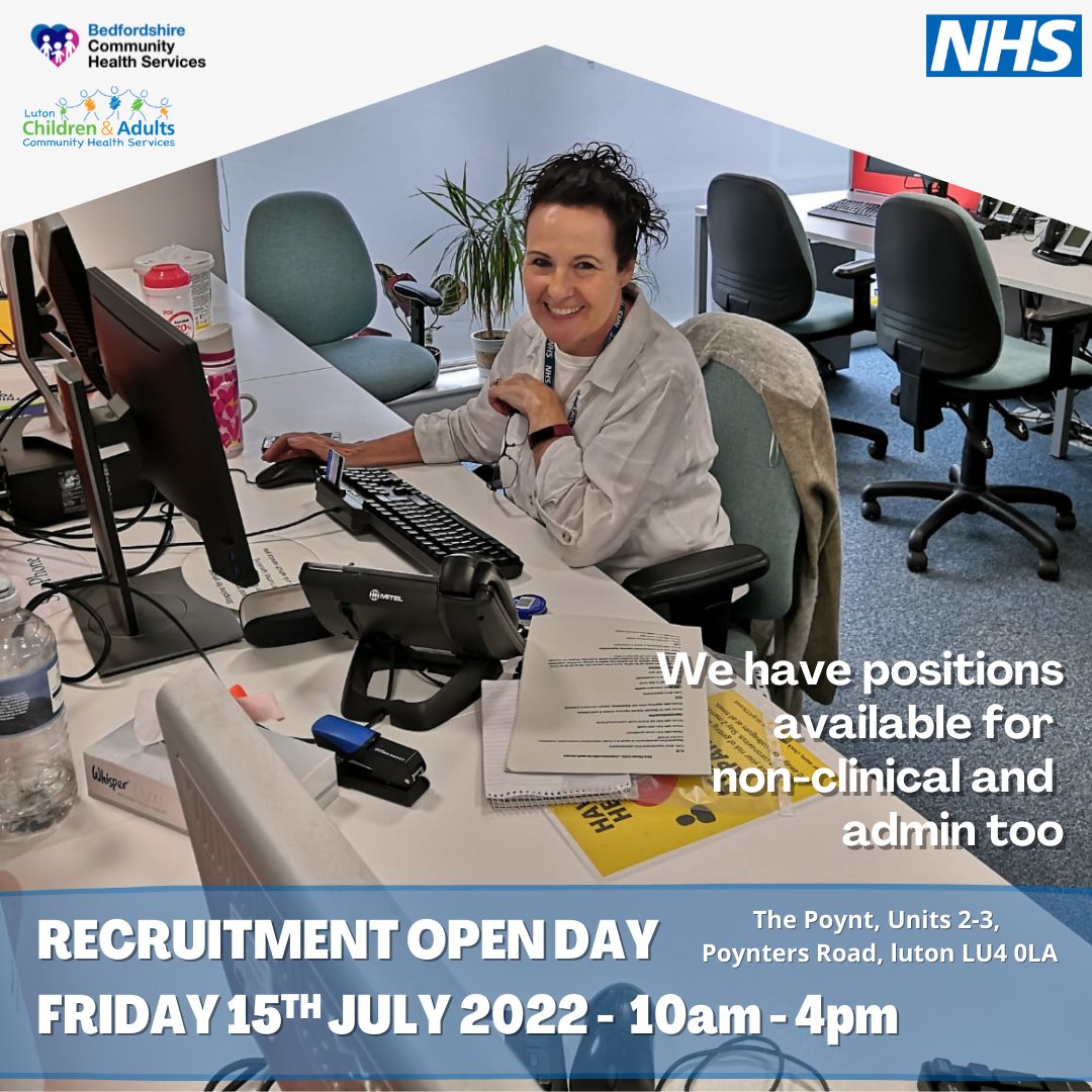 LutonCommNHS's tweet photo. Don't forget, this Friday is our open day at The Poynt in Luton! We're recruiting for all sorts of positions from children's to adult services and clinical to administration roles.
Check out our latest vacancies here:  https://t.co/6mEdWixsNk

#OPENDAYLB #xp https://t.co/dGxLx25D56