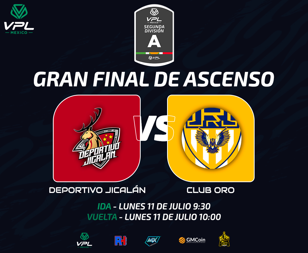 ¡GRAN FINAL🔥🔝!
Definida la gran final en busca del ascenso hacia primera división entre los equipos Deportivo Jicalán y Club Oro, Quien se llevará el puesto de tercer ascendido?

#esports | #campeonatovirtual | #xbox | #FIFA22 |  #ClubesPro | #GMC | #gmcoin
<a href="/VPLglobal/">Virtualproleague</a>