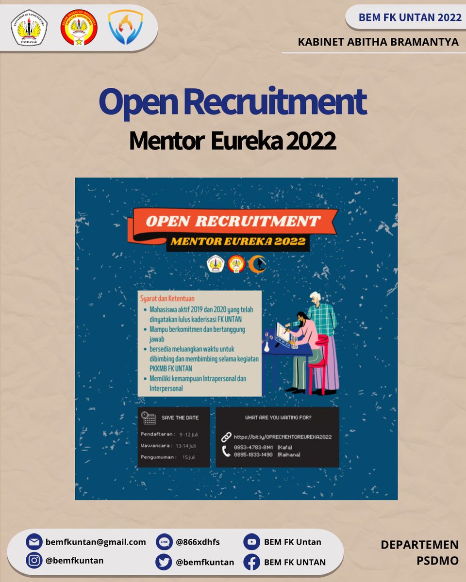 bemfkuntan's tweet photo. [OPEN RECRUITMENT MENTOR EUREKA 2022]

Halo KM FK UNTAN🙌🏻

Open Recruitment Mentor Eureka 2022 telah dibuka!! https://t.co/GS9Gy2C36o