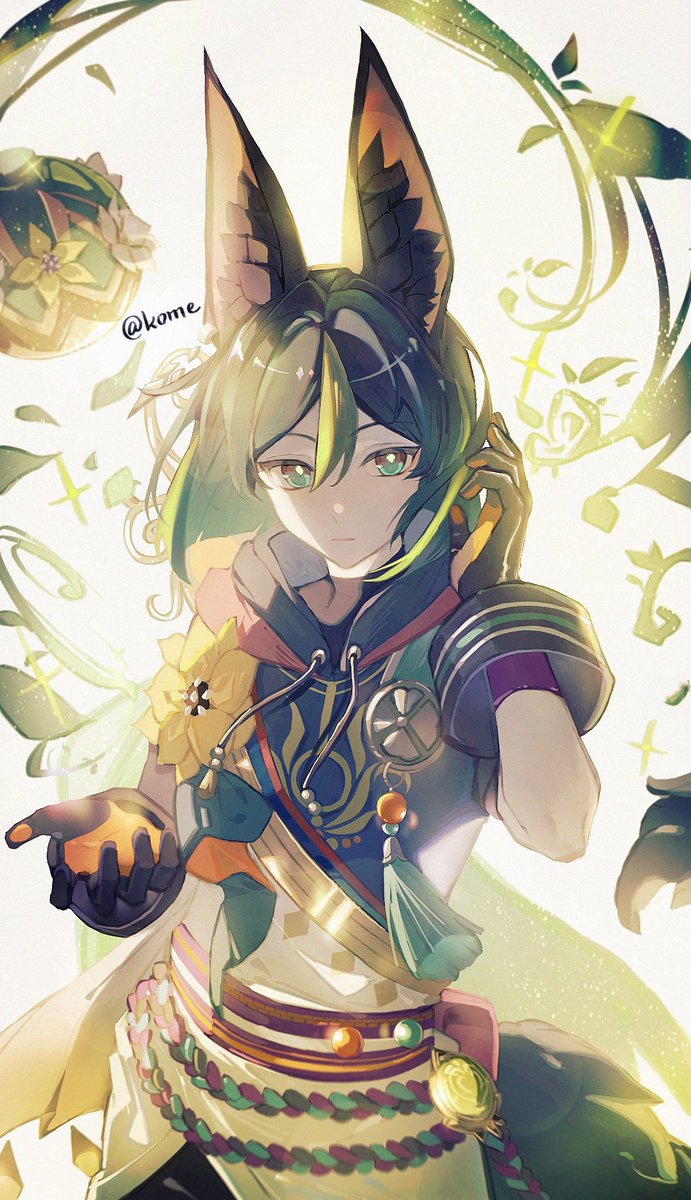 1boy male focus animal ears gloves fox ears green hair solo  illustration images