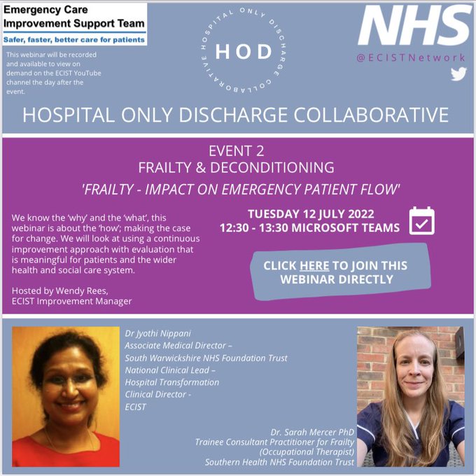 Elective & Emergency Care Improvement Support Team (@ecistnetwork) on Twitter photo Join <a href="/Jyothinippani/">Jyothi Nippani</a> and <a href="/pd2ot/">Dr Sarah Mercer</a> for our next webinar in the series, discussing how frailty has impact on emergency patient flow.
Tomorrow, 12:30
Download flyer and Teams link here
future.nhs.uk/ECISTnetwork/v… Join <a href="/Jyothinippani/">Jyothi Nippani</a> and <a href="/pd2ot/">Dr Sarah Mercer</a> for our next webinar in the series, discussing how frailty has impact on emergency patient flow.
Tomorrow, 12:30
Download flyer and Teams link here
future.nhs.uk/ECISTnetwork/v…