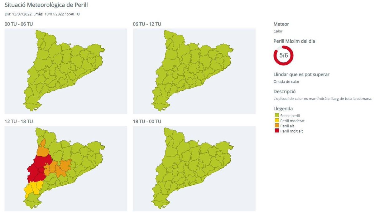 Informació d'Interès: Avís per Onada de Calor a partir de demà dimarts. Protecció Civil demana extremar les precaucions davant la previsió de temperatures extremes, que seran especialment altes a l'oest de Catalunya

#onadadecalor
#precaució
#temperaturesaltes