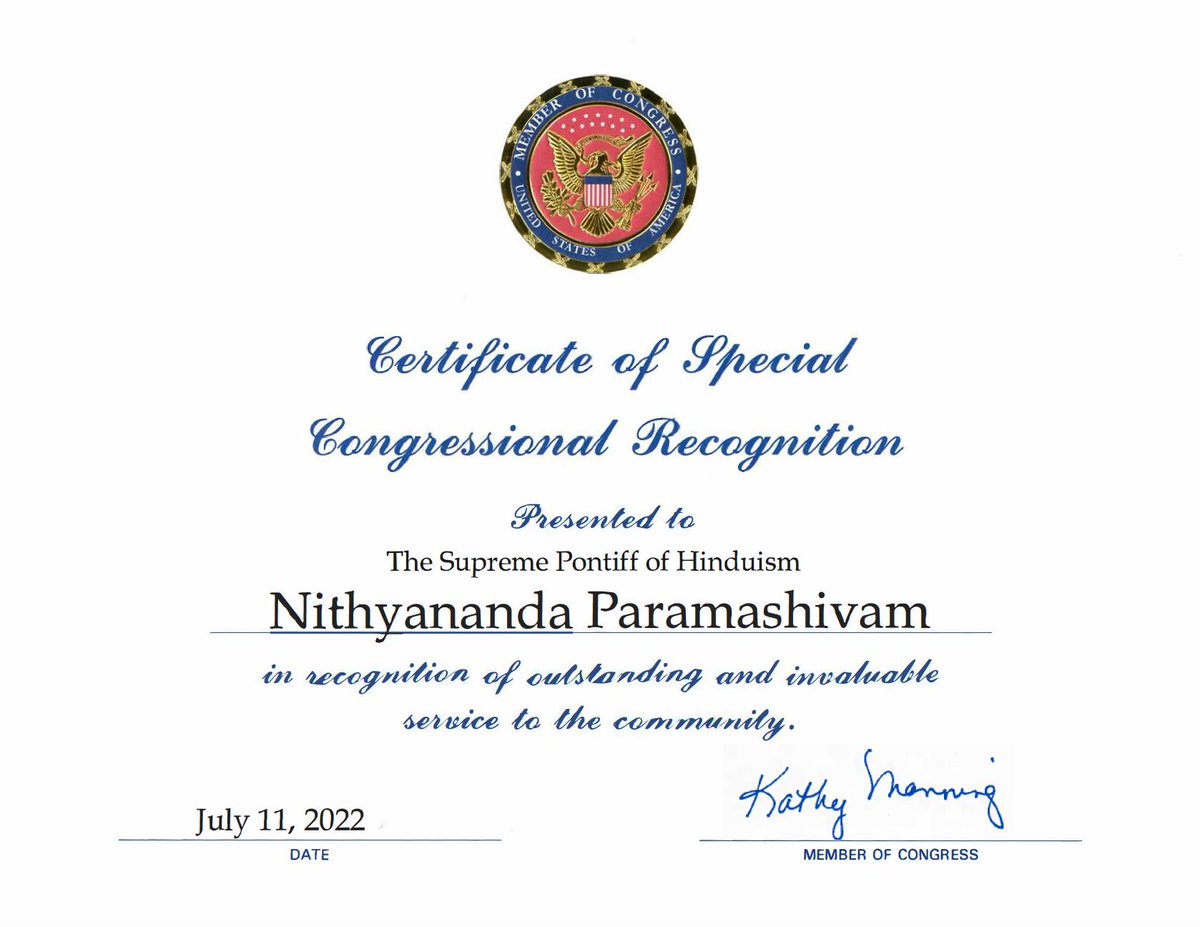 KAILASA's SPH NITHYANANDA (@srinithyananda) on Twitter photo Congresswoman Kathy Manning confers a Certificate of Special Congressional Recognition to The SPH Nithyananda Paramashivam in recognition of the SPH’s “outstanding and invaluable service to the community”.
#Kailasa #Nithyananda <a href="/RepKManning/">Congresswoman Kathy Manning</a> #USA Congresswoman Kathy Manning confers a Certificate of Special Congressional Recognition to The SPH Nithyananda Paramashivam in recognition of the SPH’s “outstanding and invaluable service to the community”.
#Kailasa #Nithyananda <a href="/RepKManning/">Congresswoman Kathy Manning</a> #USA