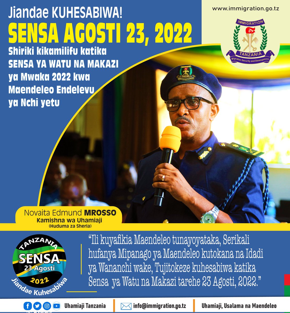 UhamiajiTz's tweet photo. #Sensa23Agosti2022 
#JiandaeKuhesabiwa 
#ePassport 
#ePermit 
#eBorderManagementSystems 
#eVisa 
#eImmigration https://t.co/Lm3Nj1DzFX