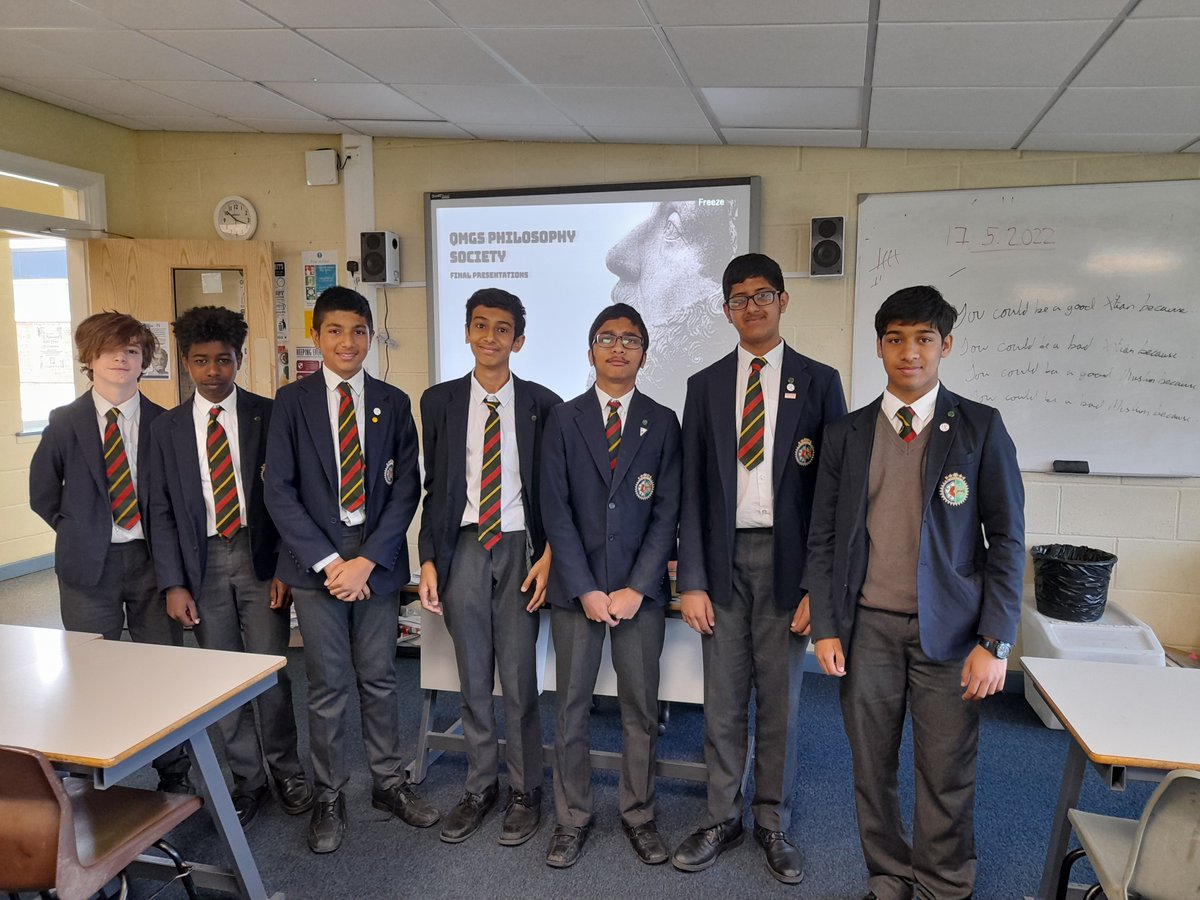 QMGSRPE's tweet photo. @qmgs1554 philosophy society (part of it) with Mr Stirling. Here they are after their viva voces. Now they await their final grades and qualifications! Well done, everyone. "How to think, not what to think." https://t.co/2KSNgGOTd6