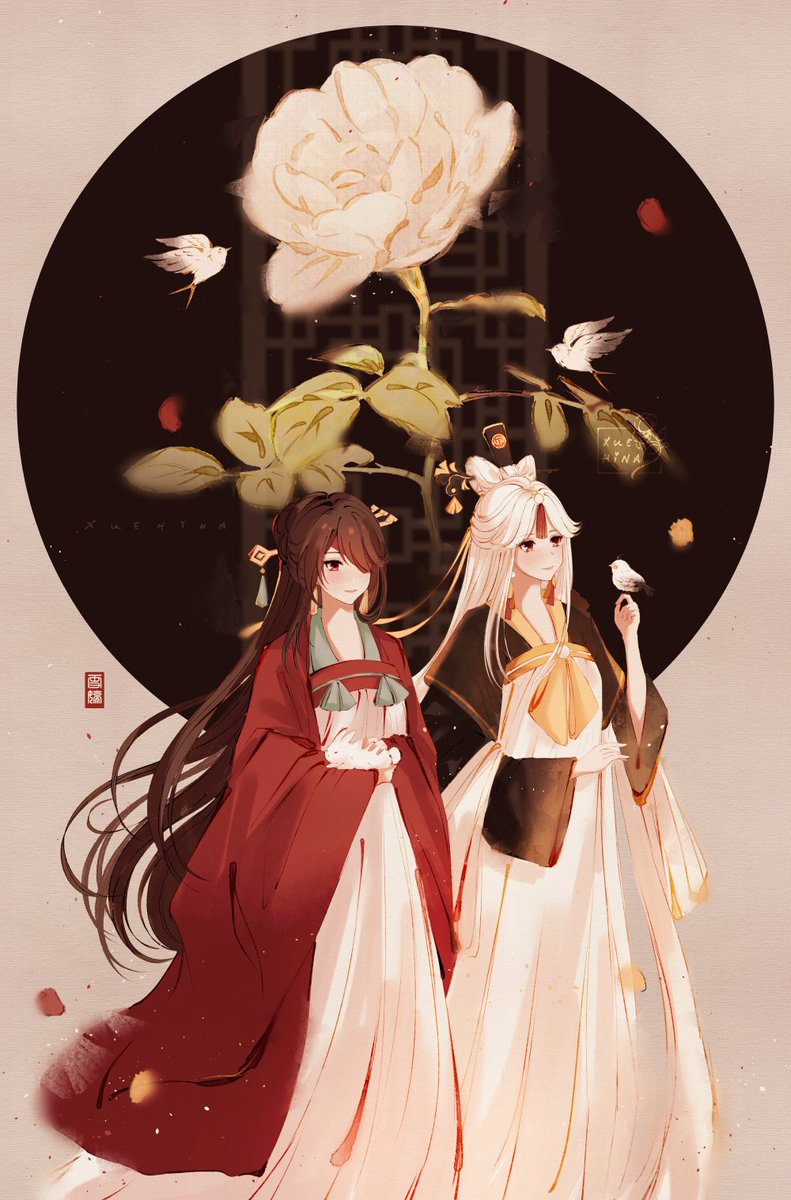 beidou (genshin impact) ,ningguang (genshin impact) multiple girls 2girls hanfu long hair eyepatch chinese clothes bird  illustration images