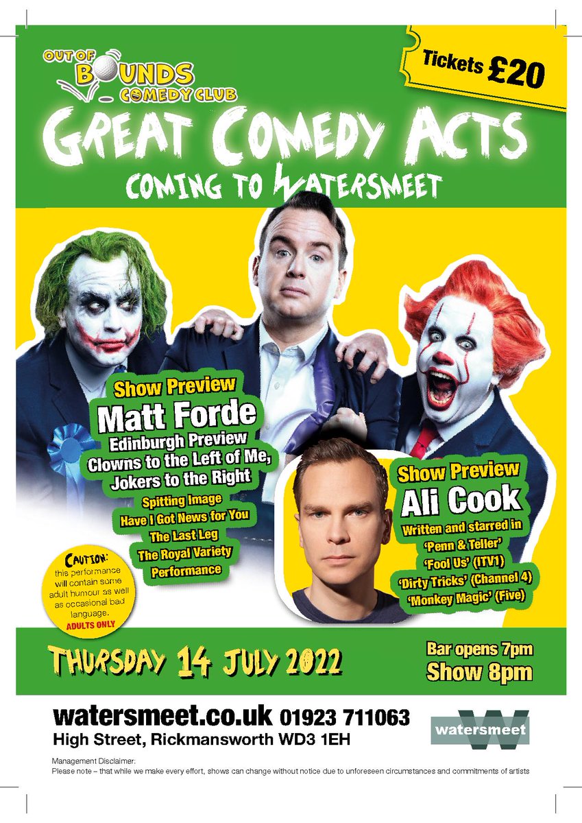 OoBComedy's tweet photo. This Thursday 14th, more great comedy @WatersmeetVenue  Rickmansworth. @mattforde &amp; @ali_cook are running through new shows with extended sets. Tickets available at https://t.co/VuT05WI3Ud #edinburghfringe #comedy #politicalcomedy #comedymagic #magiccomedy https://t.co/LuBE4UXm1n
