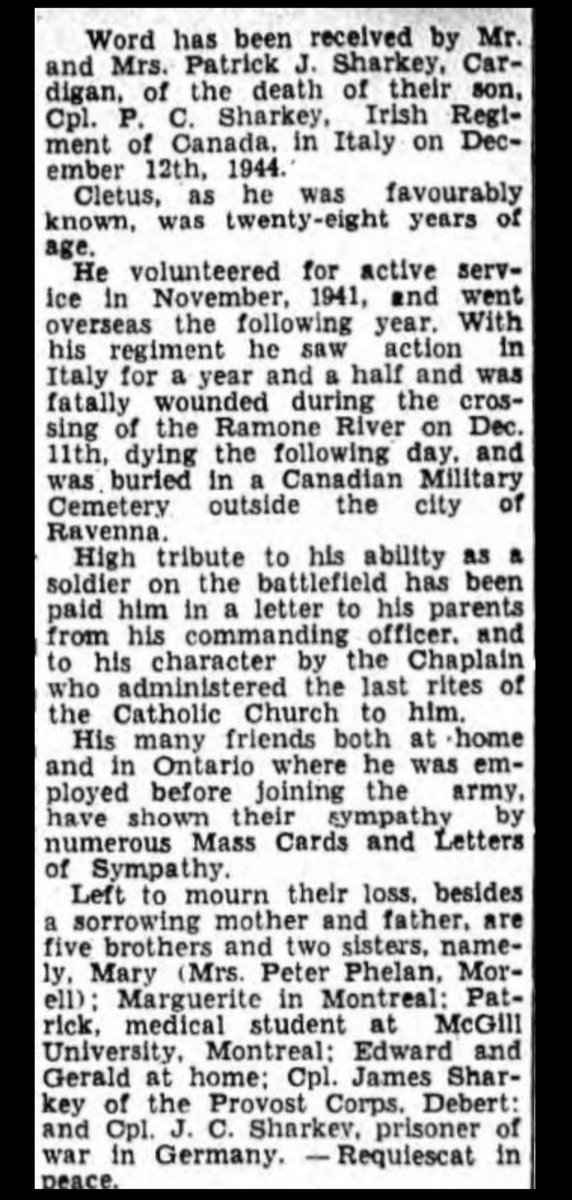 irishbrigadeww's tweet image. While visiting Argenta on Friday, I noted the final resting place of Patrick Sharkey from Prince Edward Island, who served in Italy with the Irish Regiment of Canada 🇨🇦.