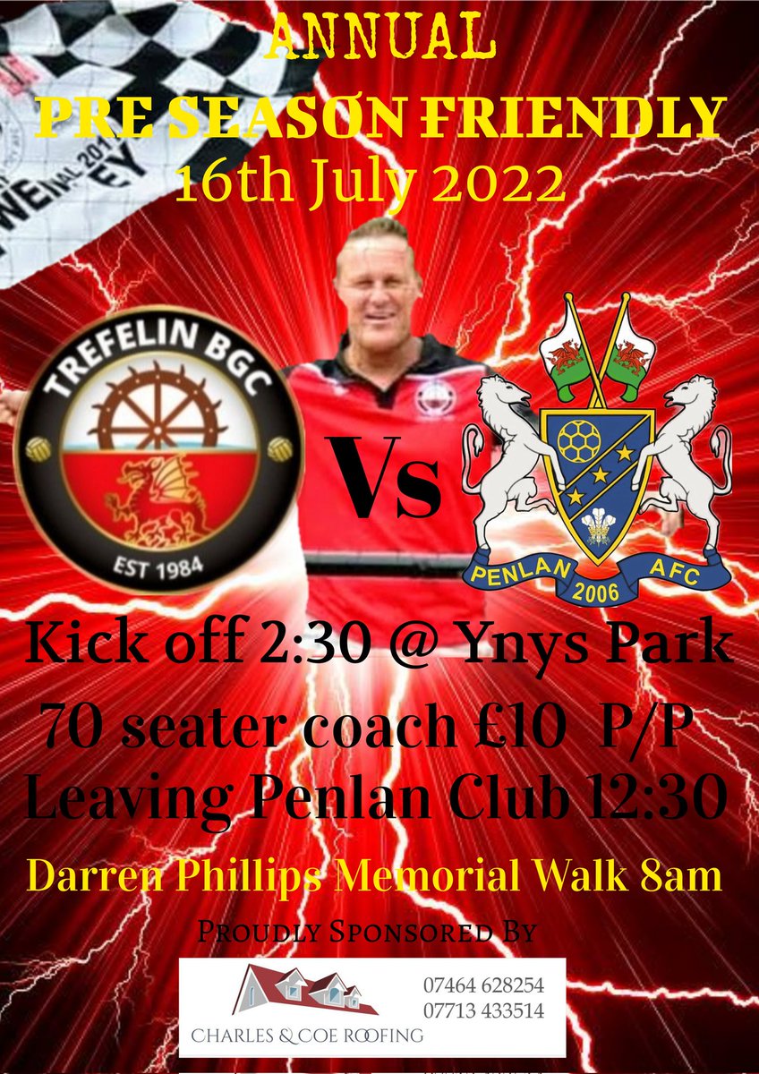 There are some seats left on the bus for our game Saturday against our friends <a href="/trefelinbgc/">Trefelin BGC</a> and we can't wait for it! Always a great day and such a brilliant welcome! 
The Darren Phillips Memorial Walk will start at 8am from Ynys Park! 💙💛❤️🖤