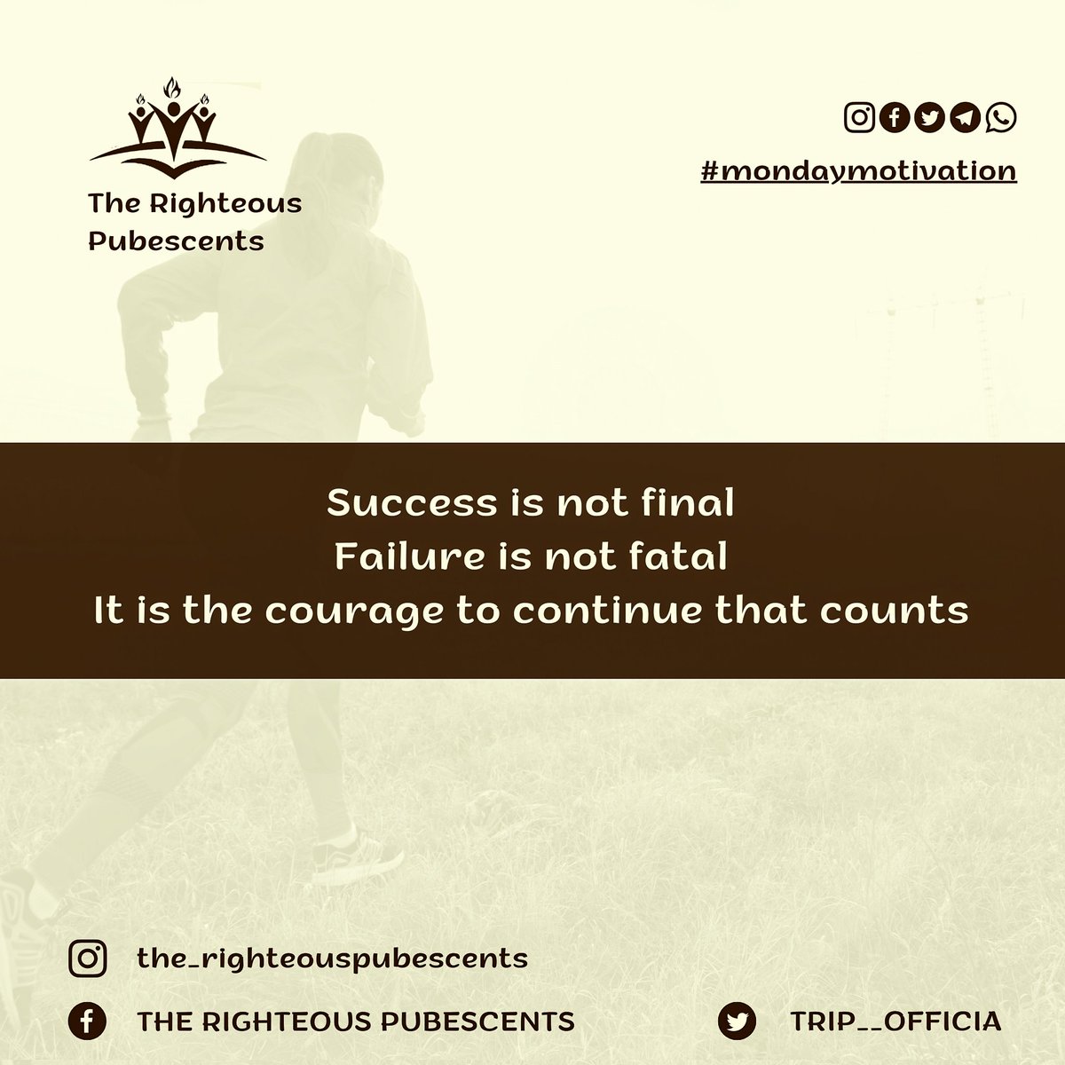 Don't give up. You will soon get there ✨.
#mondaymotivation #therighteouspubescents #gloriousgoldens #glory #weareone #success #dontgiveup #courageousyou #loved