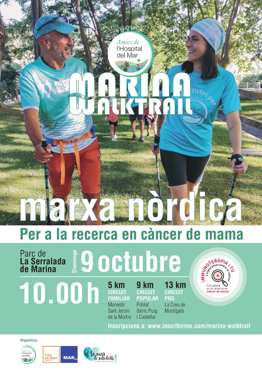 🗓️Apunteu als vostres calendaris!

Us esperem el 9 d'octubre a la #MarinaWalkTrail🚶🏼‍♀️ la #marxanòrdica per la #recerca en #càncerdemama dels @AmicsHMar @hospitaldelmar
@IMIM_research

Amb tres circuits diferents!
 
➕inscribirme.com/marinawalktrai…