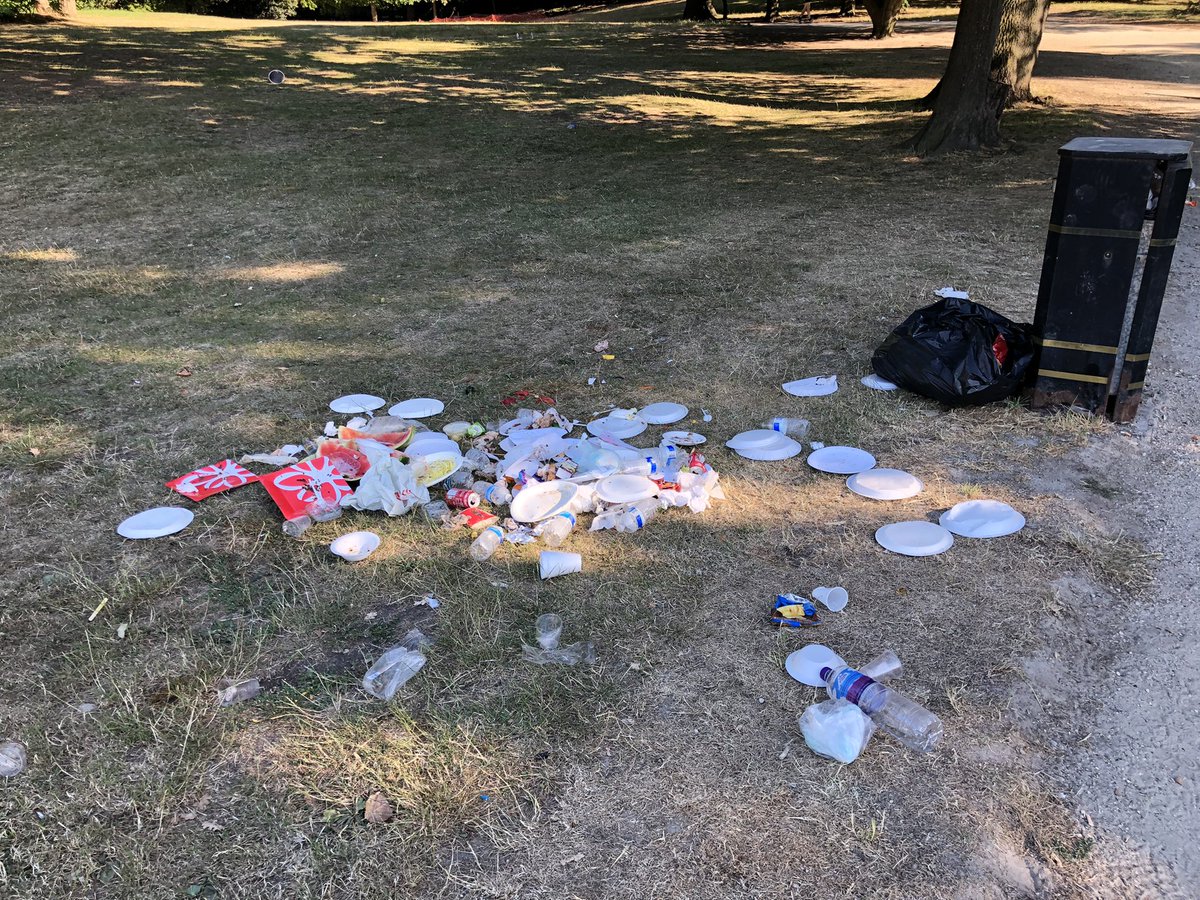 Gregomiro's tweet photo. @CPParkTrust beloved park or appalling landfill? Can we have larger bins with lids (to prevent 🦊 spreading rubbish) esp when ☀️invites for picnics? https://t.co/YGHeP99hw1
