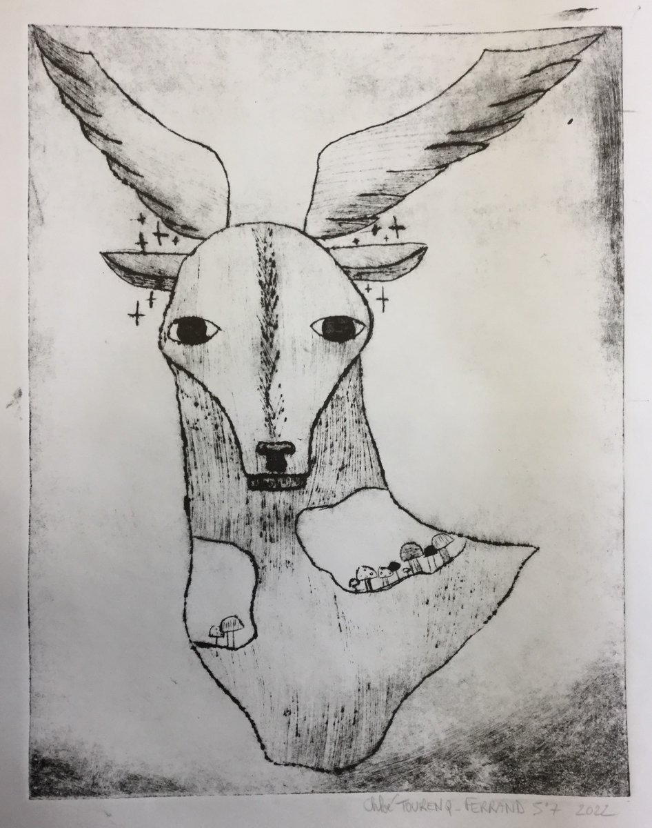 Reçu ce jour : une gravure de Chloé 5ème "Le cerf ange" réalisée à la pointe sèche. Chloé a pu bénéficier de l'intervention de l'artiste Walter Barrientos au CLG Lakanal de Foix et sa très dynamique galerie d'art. Merci Mme Damblé pour cette délicate attention.