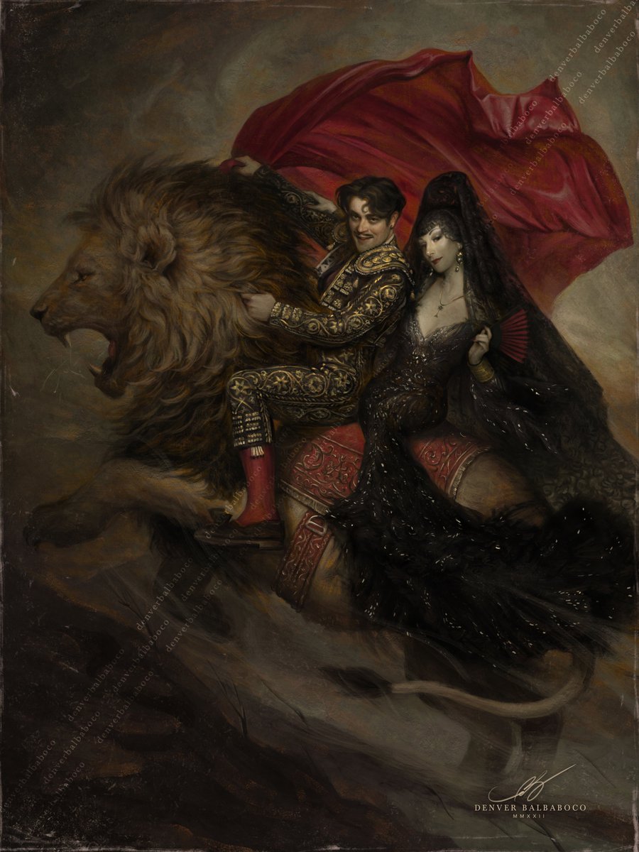 demboiii's tweet image. Painted the unholy union of Gomez and Morticia Addams dressed in Castilian fashion while riding Kitty, their pet lion. Loosely based on the painting seen on the 2019 movie, The Addams Family.

#TheAddamsFamily 
#GomezAddams
#MorticiaAddams 

--
linktr.ee/denverbalbaboco
