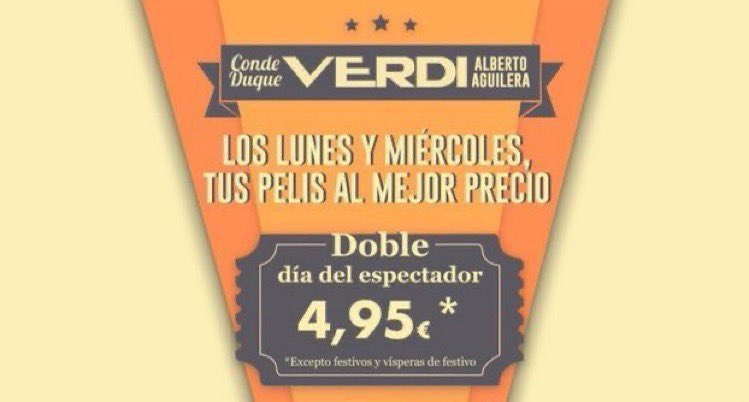 En Alberto Aguilera,cada semana tienes doble Día del Espectador para que disfrutes del mejor cine al mejor precio. Hoy lunes, es uno de ellos con entradas ¡a solo 4,95 euros! 🙌🏻🎬<a href="/CasaChamberi/">Casa Cultura y Participación Ciudadana Chamberí</a> <a href="/JMDChamberi/">Distrito Chamberí</a> <a href="/verdechamberi/">Corazón Verde Chamberí</a>