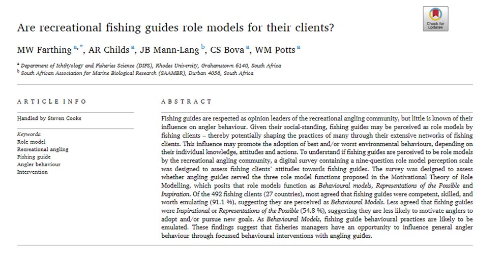 Congratulations to the authors of another very interesting paper entitled "Are recreational fishing guides role models for their clients?"
 
"...to develop fishing guides into effective
“agents of change” in the global social movement of recreational angler self-reform."