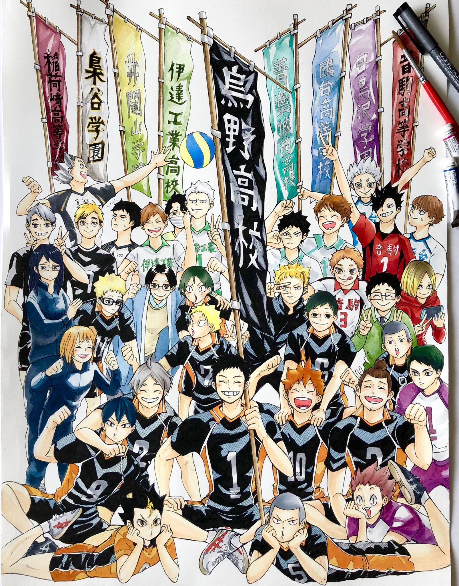 Meisy ようやく完成しました 劇団ハイキュー3３人集合イラスト 水彩絵の具で描いた模写アレンジです サイズです 完成が楽しみって下書きをリツイートして下さった皆さん ありがとうございました T Co Cttnonfhex Twitter