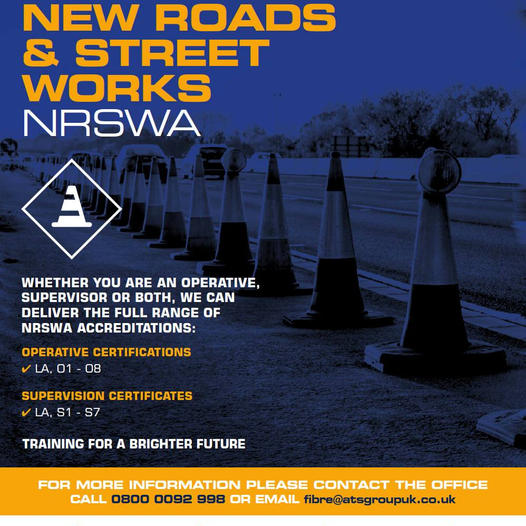Book your New Roads &amp; Street Works course with us today..!
Web: atsgroupuk.co.uk
Tel: 0800 0092 998 (option 5)
Email: fibre@atsgroupuk.co.uk
#nrswa #slg #signing #lighting #guarding #supervisors #operatives #cabwi #bethebest #trainwithATS  #trainingprovider #atsgroup
