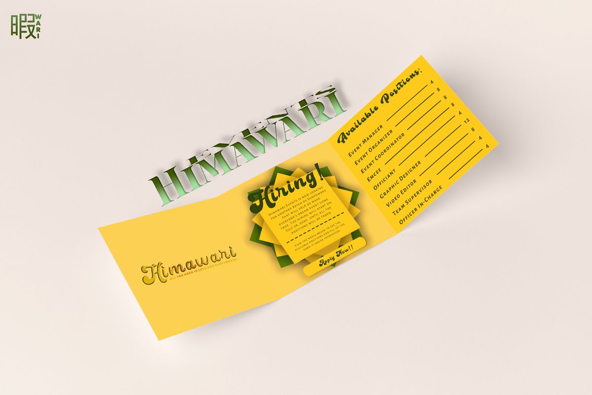 ︎ ︎ ︎ ︎

     Himawari Events is now opening 
     their fields for you to be one of 
     their sunflowers. Kindly fill out
     the form below if you have what
     it takes to bloom with us.

︎ ︎ ︎ ︎  🌻docs.google.com/forms/d/e/1FAI…