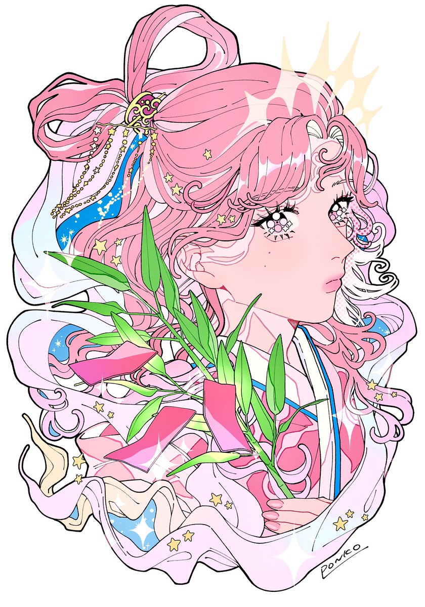 1girl pink hair solo tanabata white background pink eyes pink nails  illustration images