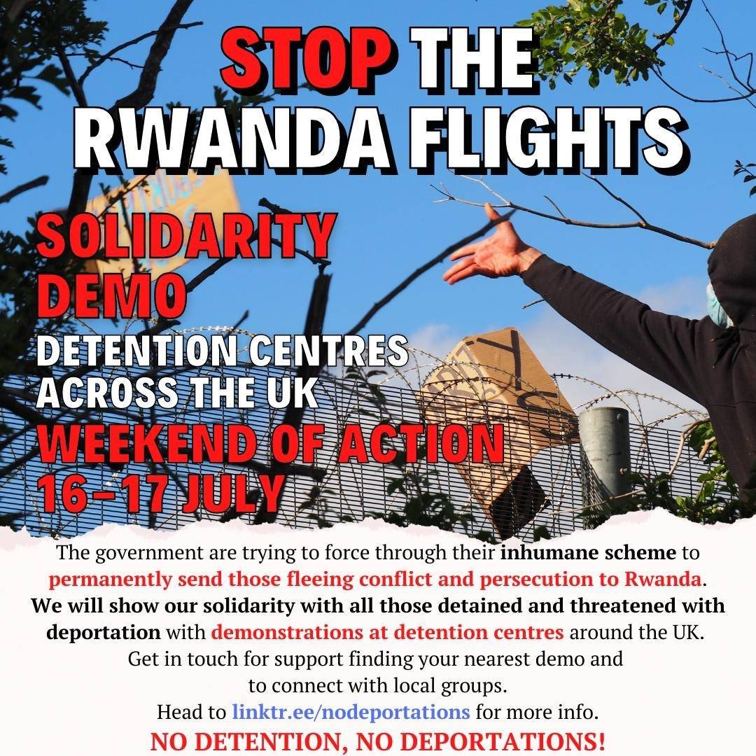 📣Join us this weekend to resist the Rwanda plan and all deportations!📣 We will show our solidarity with people in detention at demos across the UK. Go to linktr.ee/nodeportations for details and keep an eye on the page for updates throughout the week. #StopRwanda