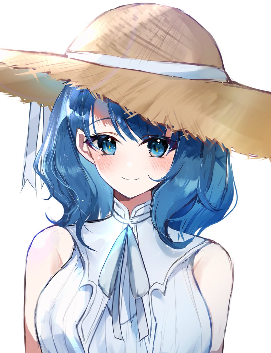 1girl solo hat blue hair blue eyes smile straw hat  illustration images