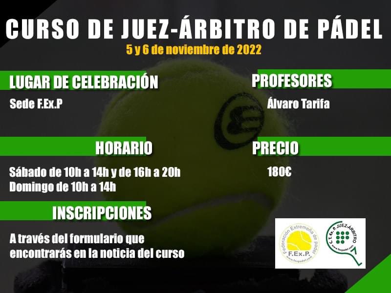 fexpadel's tweet photo. 🧑🏫CURSO DE JUEZ ÁRBITRO AUTONÓMICO DE PÁDEL 2022
📍Aula de formación en la Sede Fexpadel (Badajoz)
🗓5 y 6 de noviembre.
Aprovecha‼ No todos los años sacamos este curso😉
📝Inscripciones👉 https://t.co/f4OVAFoBHs
#curso #padel #padelformacion #fexpadel #cursojuezarbitro https://t.co/IczeLDOjSd