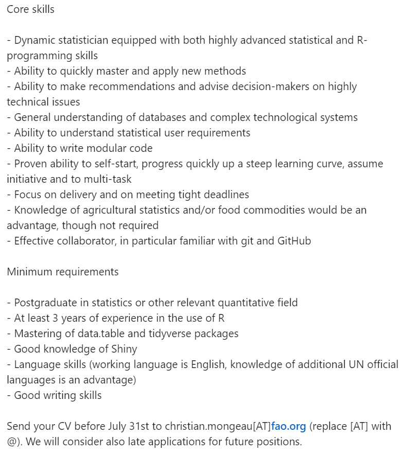 Are you a good statistician and R programmer?

FAO of the United Nations is looking for consultants with a strong background in the R statistical programming language.

Details: linkedin.com/posts/christia…

Send your CV before July 31st.

#RStats @RStatsJobsBot <a href="/rdatatable/">rdatatable</a> <a href="/tidyverse/">tidyverse</a>