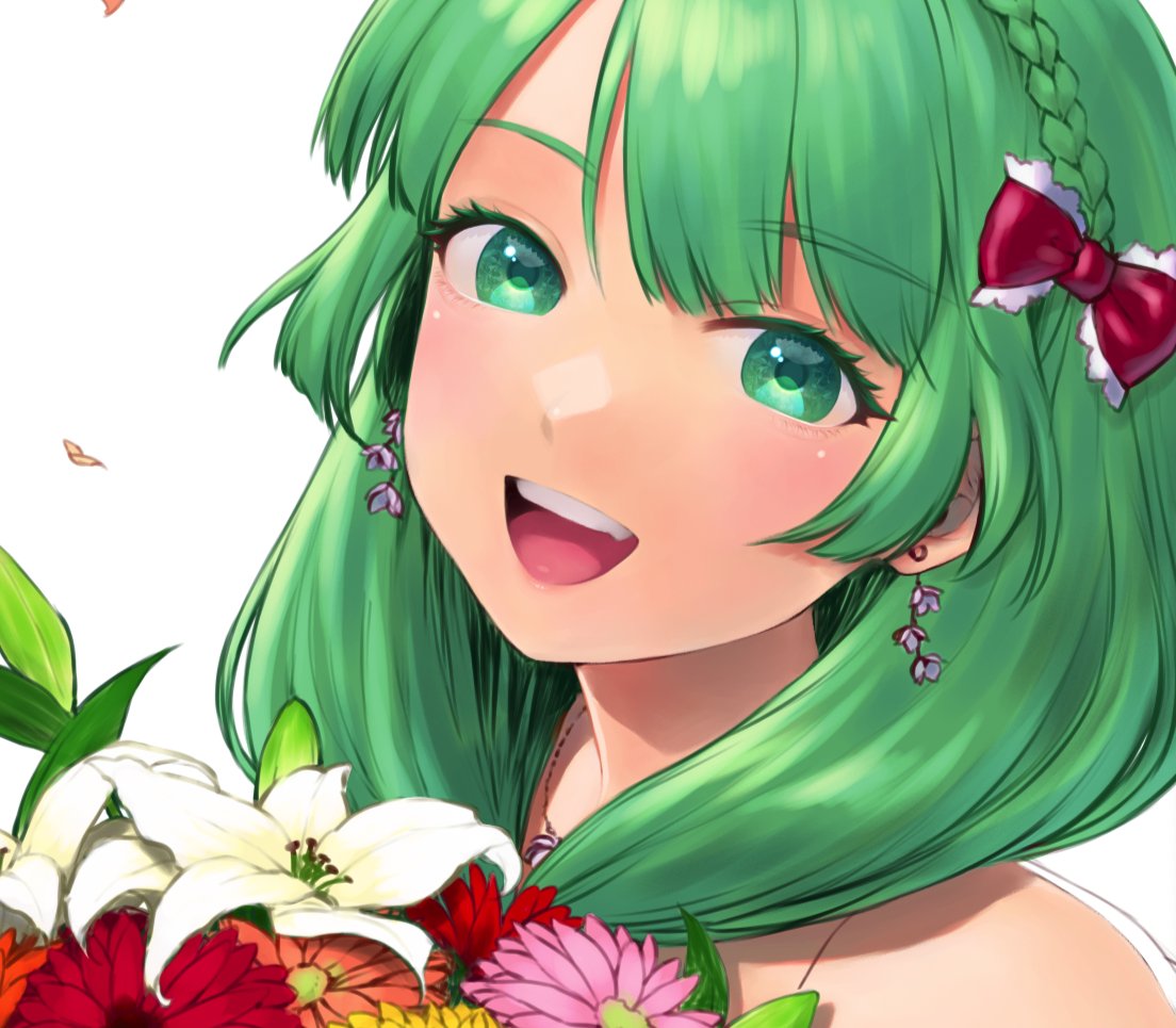 kagiyama hina 1girl solo flower green eyes green hair jewelry earrings  illustration images