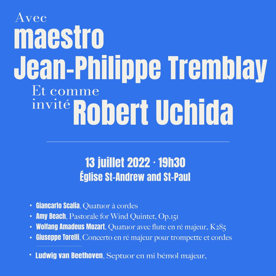 Voici notre programmation pour notre concert de mercredi le 13 juillet. 
*Église St-Andrew and St-Paul
Vous vous joignez à nous? 🤔
Billetterie : orchestrefranco.com
#classicalmusicians #concert #program