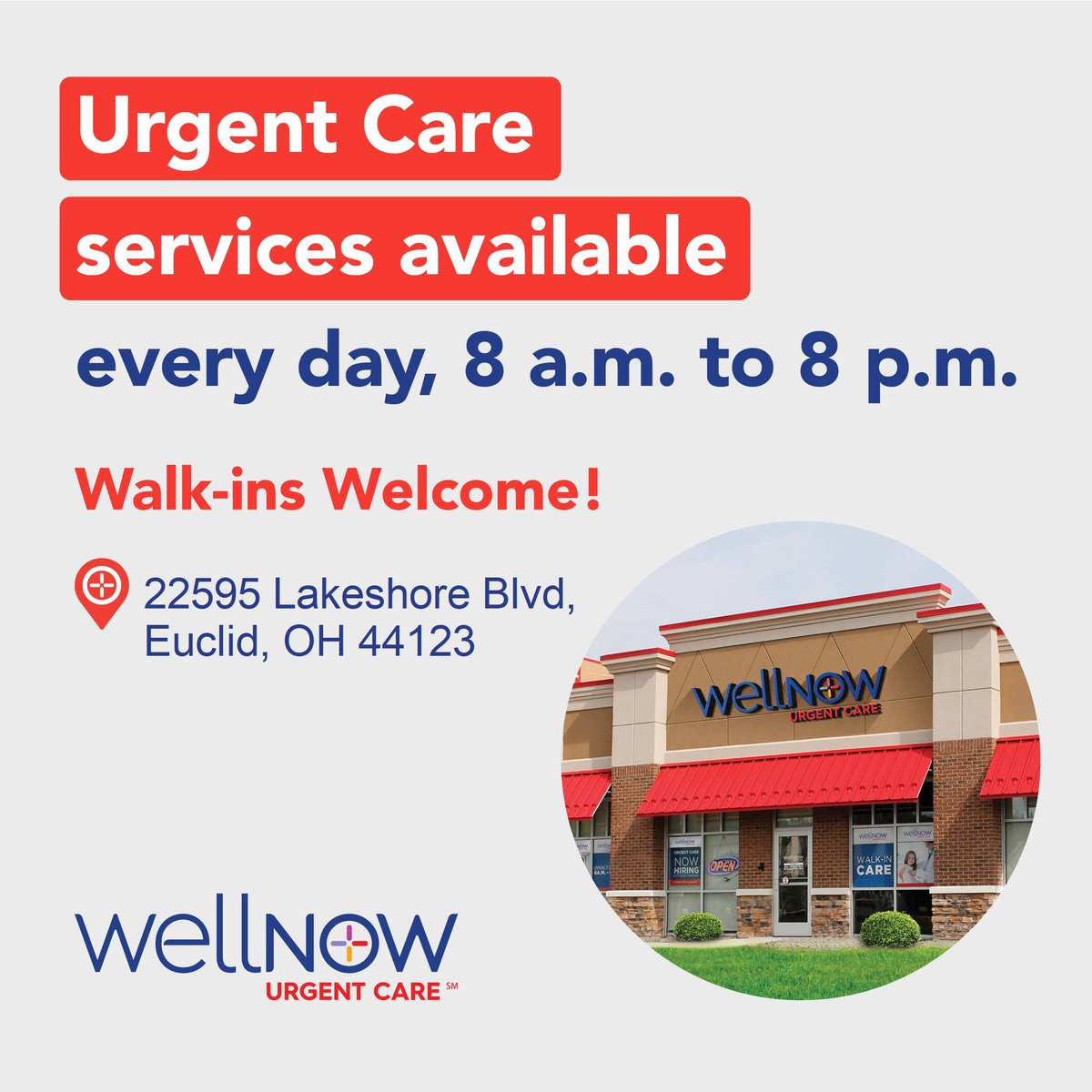 cityofeuclid's tweet photo. Welcome to Euclid WellNow Urgent Care-
Located at 22595 Lakeshore Boulevard! From sprains and strains to COVID-19 testing, they are open every day from 8 AM - 8 PM. Walk-ins welcome! Call (216) 416-0214 for more info.
#thisiseuclid #oureuclid #cityofeuclid #wellnow https://t.co/kzHAUtADrj