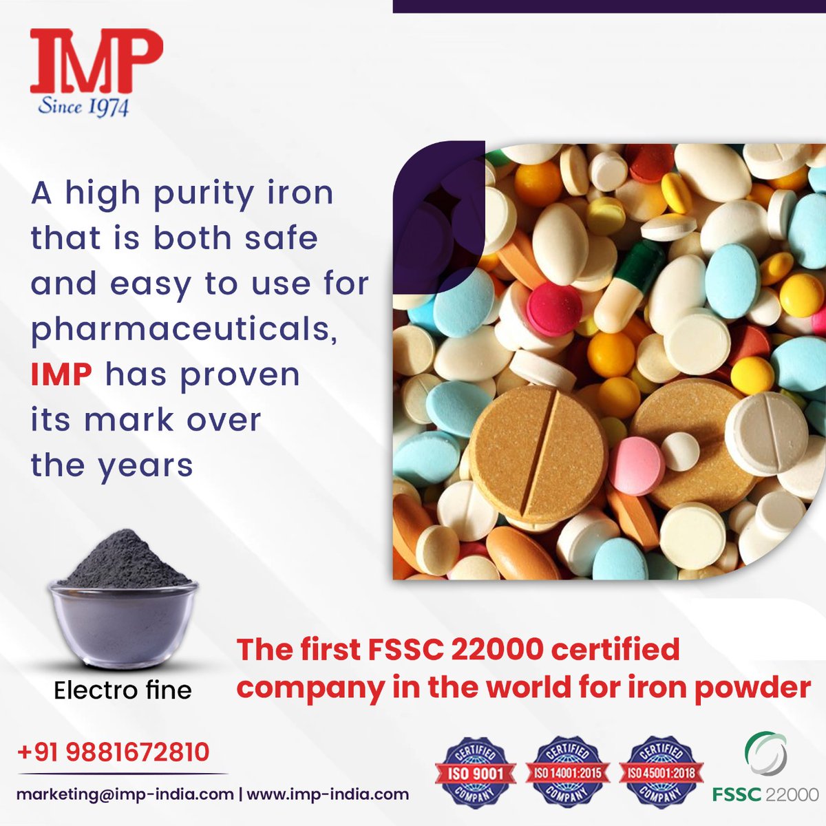 PowdersMetal's tweet image. A high purity iron that is both safe and easy to use for pharmaceuticals, IMP has proven it’s mark over the years

imp-india.com
Contact Us on: +91 9881672810

#IMP #IMPIndia #HighPurityIronPowder #PharmaceuticalIndustry #SafeToUse #FirstFSSC22000CertifiedCompanyInWorld
