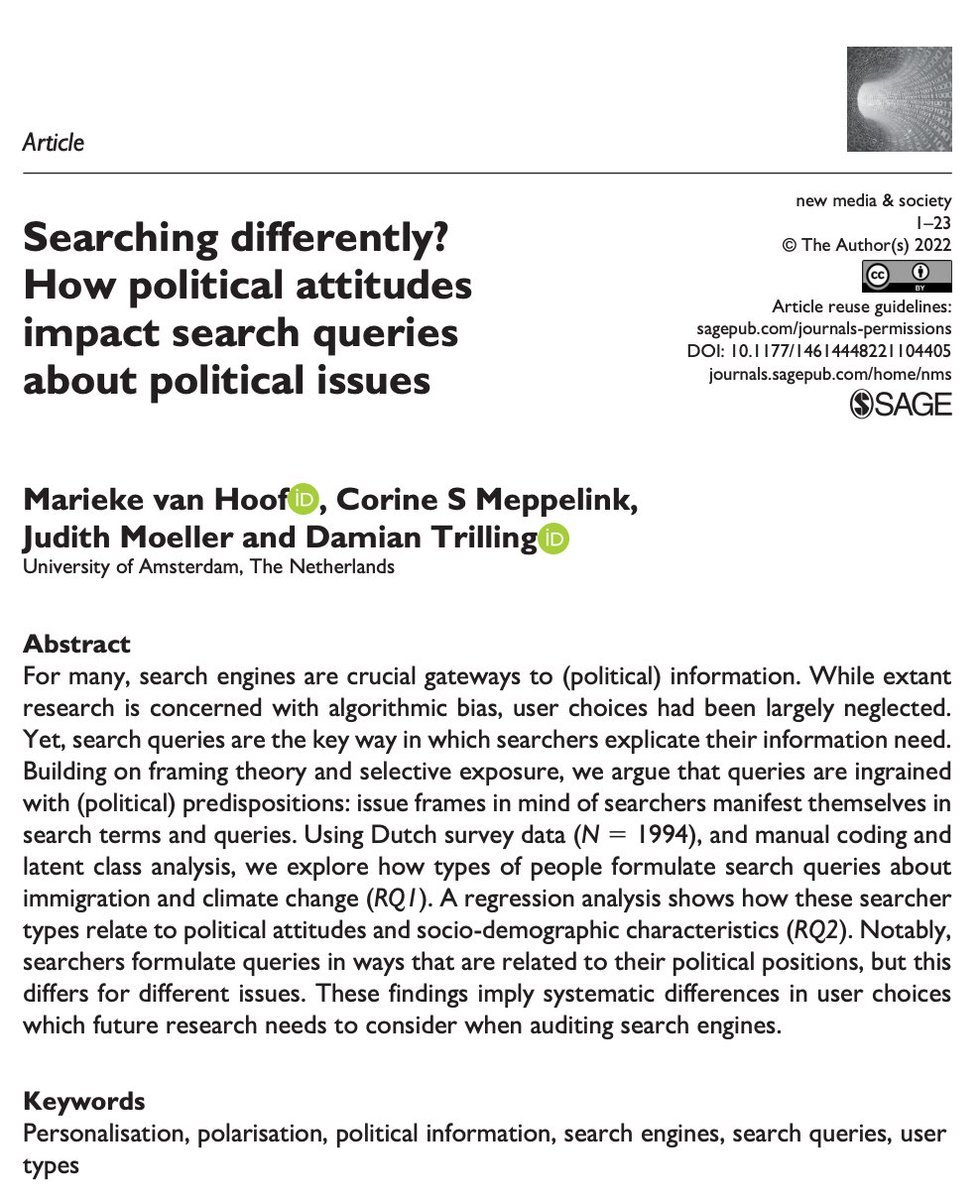 Marieke van Hoof (@marieke_vhoof) on Twitter photo ✨✨New paper out in New Media & Society.✨✨Do people use different keywords to search about political issues depending on their political and sociodemographic characteristics? The short answer is yes. For the long answer, click here (open access) journals.sagepub.com/doi/10.1177/14… ✨✨New paper out in New Media & Society.✨✨Do people use different keywords to search about political issues depending on their political and sociodemographic characteristics? The short answer is yes. For the long answer, click here (open access) journals.sagepub.com/doi/10.1177/14…